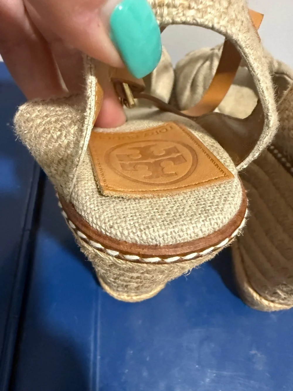 Tory Burch Knotted Linen Espadrille Wedge Sandal Gold Natural 8B Ankle Strap